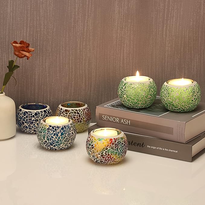 OwnMy 6PCS Mosaic Glass Tealight Holders: Round Votive Candle Holders & Stands for Table Centerpieces, Multicolor Glass Mosaic Tealight Holders, Small Potted Plant Bowl Candle Vases