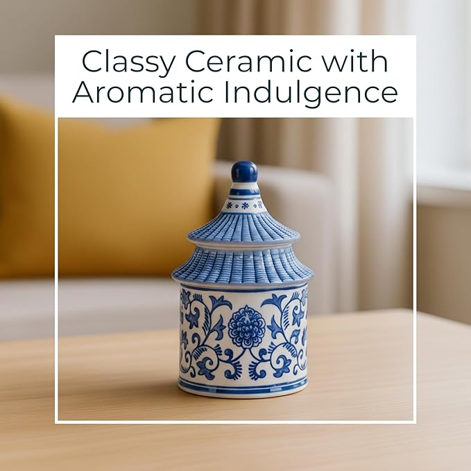 Plumeria Chinoiserie Candle Holder Jar – Pagoda-Inspired Decorative Taper Candle Holders – Elegant Office & Home Decor Accents for Living Room & Bedroom – 5"x8", Blue & White