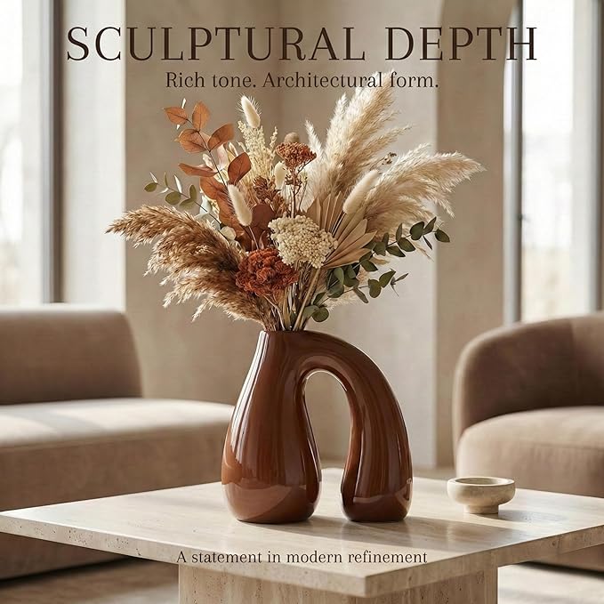 Brown Ceramic Decorative Pitcher Vase, 7.5 in – Glossy Sculptural Arch-Handle, Warm Earth-Tone Home Décor for Fresh or Dried Floral Arrangements, Table/Shelf/Entryway, Giftable