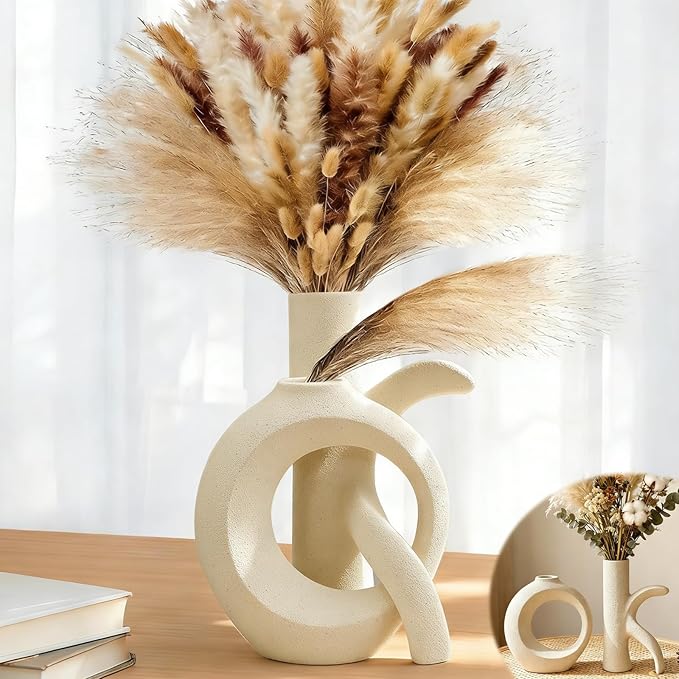Assemble OK Ceramic Vase Set of 2 for Home Decor, Modern Boho Ins Style Matte Vase for Pampas Grass for Table Centerpiece, Living Room, Shelf, Mantle, Housewarming Gift (Beige White)