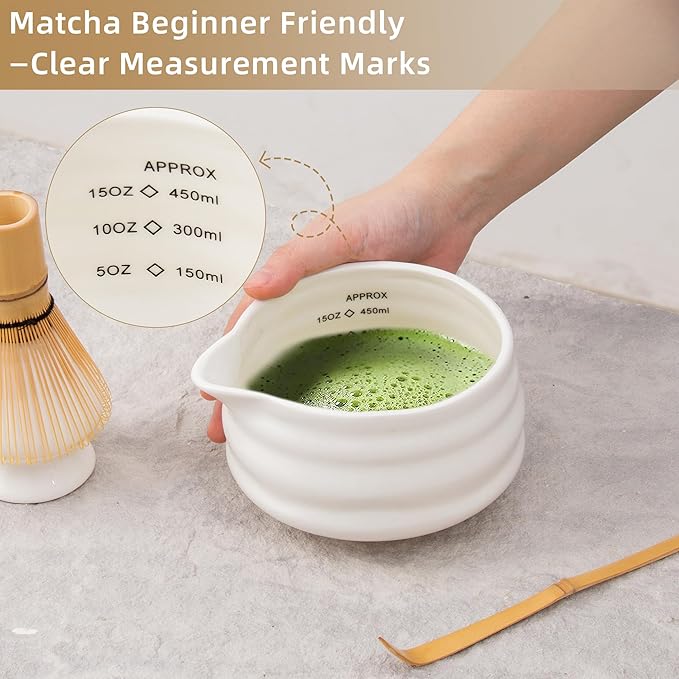 5pcs Premium Matcha Set,Ceramic Bowl with Spout and Bamboo Whisk set, Ceremonical Matcha Kit for breakfast/latte,Tea Starter Making Kit,Unique Matcha Gift set (white)