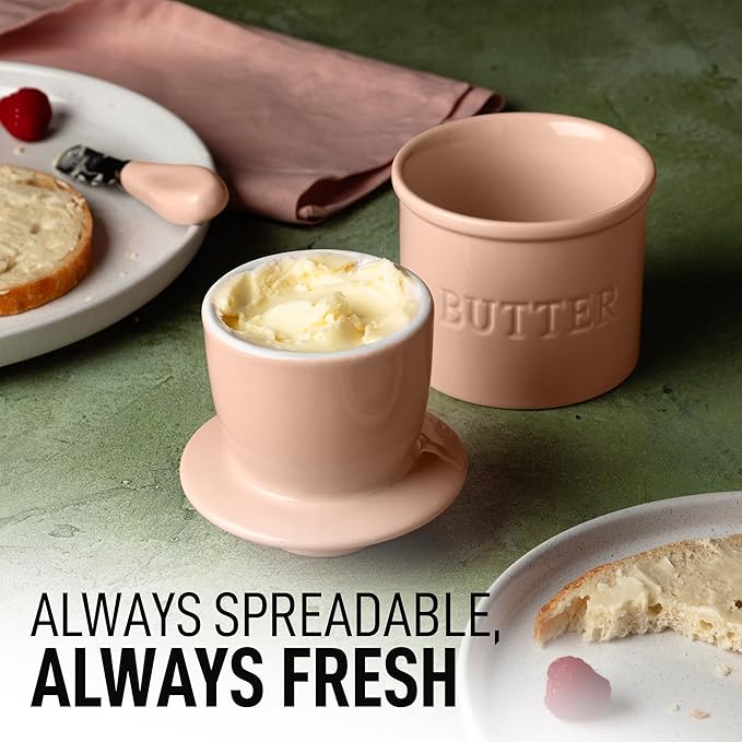 Zulay Kitchen Bell Shaped Butter Crock with Lid for Countertop with Water Line & Spreader Knife, Ceramic French Butter Dish Keeper For Fresh, Soft & Spreadable Butter - Peach