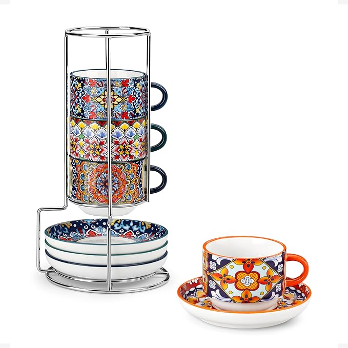 vancasso 4 Oz Stackable Espresso Cups with Saucers and Metal Stand Set of 4,Bohemian Ceramic Cappuccino Cups - Microwave and Dishwasher Safe, Perfect For Tea, Espresso, Latte, Cafe-02