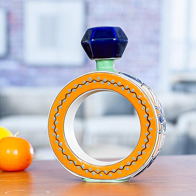 NOVICA Artisan Handmade Ceramic Tequila Decanter - Blue Orange Ring Shape Multicolor Mexico Tableware Drinkware Pitchers - Talavera Floral [16 Oz., 9.75in H x 7.75in W x 2.4in D]