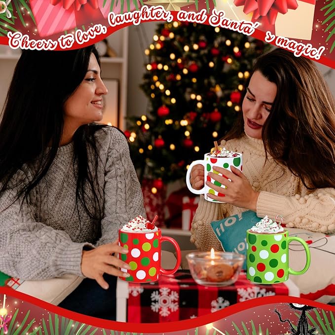 Sliner 3 Set 11 oz Christmas Ceramic Coffee Mugs Red Green Polka Dot Cup Funny Gift Cute Festive Ceramic Tea Cup Xmas Holiday Birthday Gifts for Men Women