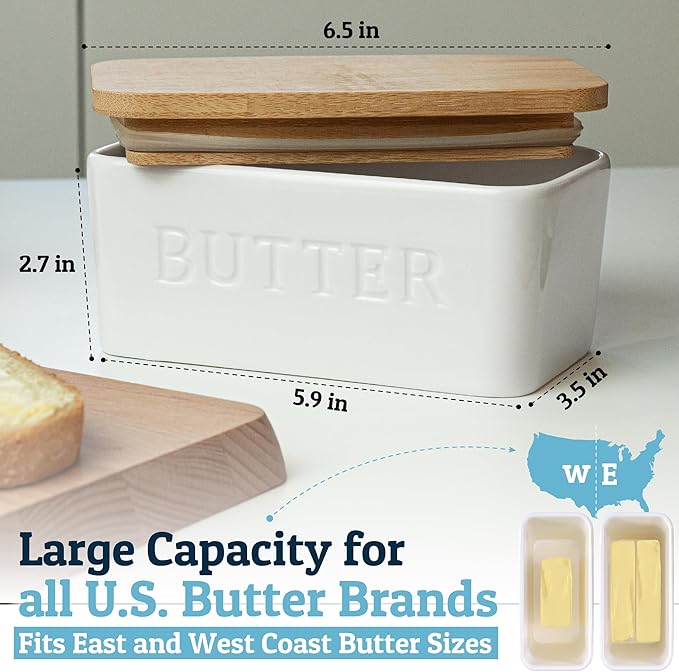 PriorityChef Extra Large Butter Dish with Lid for Countertop, Ceramic Butter Container With Airtight Cover, Butter Keeper for Counter or Fridge, Butter Holder Storage, White