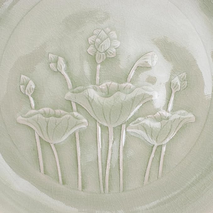 NOVICA Artisan Handmade Celadon Ceramic Dinner Plate Green Lotus Flower Thailand Tableware Dinnerware Floral [1.2in H x 10in Diam.] 'Flavorful'
