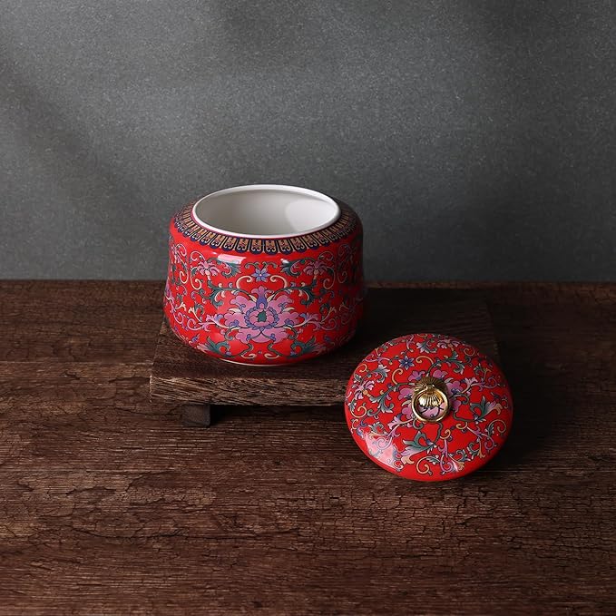 Handmade Chinoiserie Enamel Ginger Jar with Lid,Decorative Storage Jar for Loose Tea,Nuts & Snacks,Ceramic Vase Style Home Decor Canister,Colorful Jar for Kitchen,Living Room (Red Jar)
