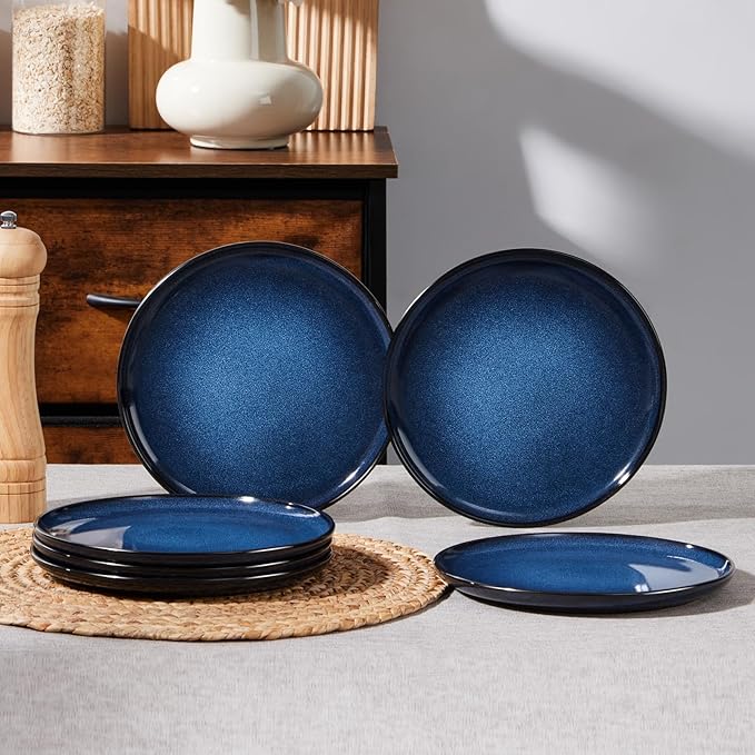 E-far 8” Ceramic Salad Plates Set of 6, Reactive Glaze Stoneware Dishes, Round Dessert Plate for Home Kitchen Restaurant, Microwave & Dishwasher Safe – Deep Sea Blue