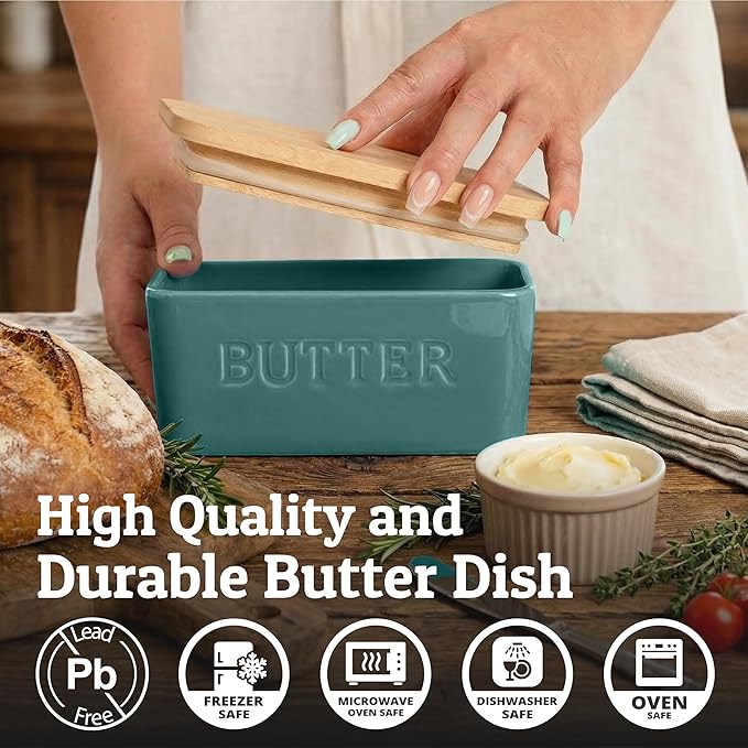 PriorityChef Extra Large Butter Dish with Lid for Countertop, Ceramic Butter Container With Airtight Cover, Butter Keeper for Counter or Fridge, Butter Holder Storage, Teal Blue
