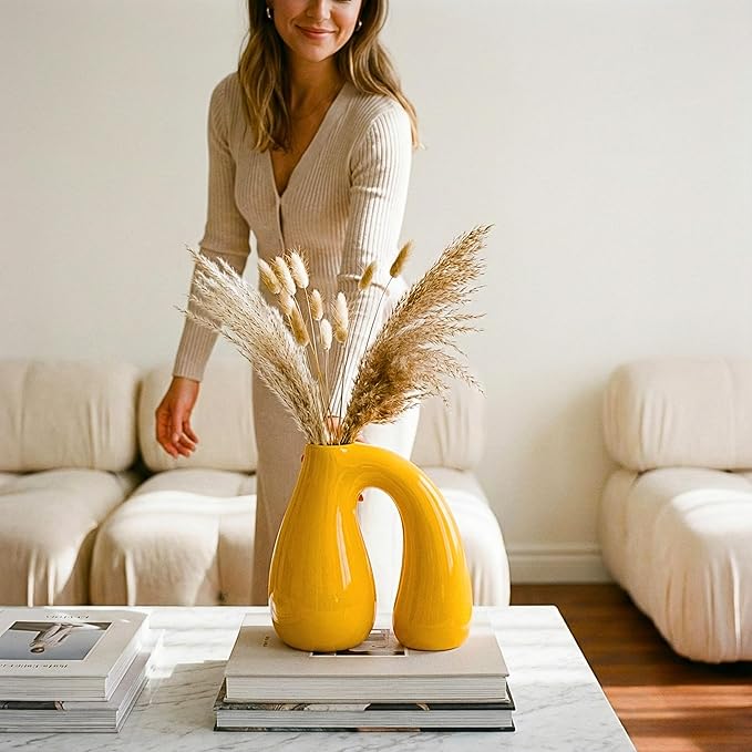 Yellow Ceramic Decorative Pitcher Vase, 7.5 in – Glossy Sculptural Arch-Handle, Modern Home Décor Accent for Fresh or Dried Floral Arrangements, Table/Shelf/Entryway, Giftable