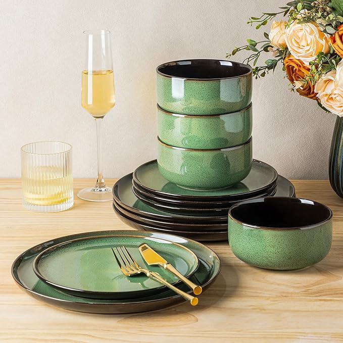 LERATIO Ceramic Dinnerware Sets for 4,Porcelain Plates and Bowls Sets,Handmade Reactive Glaze Dishes Set,Oven&Dishwasher & Microwave Safe,Service for 4