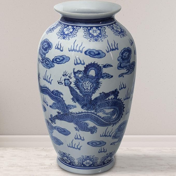 Red Lantern 14" Dragon Blue & White Porcelain Tung Chi Vase