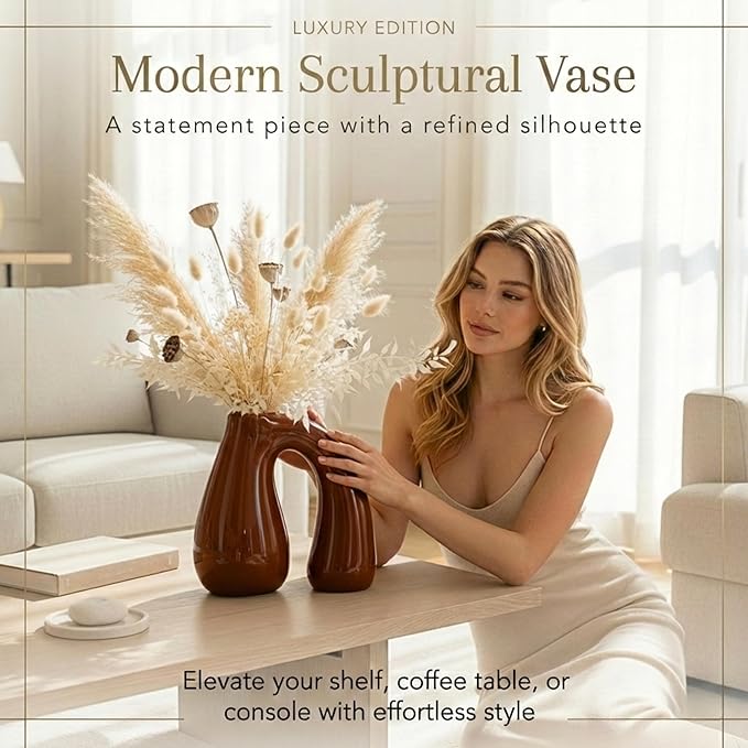 Brown Ceramic Decorative Pitcher Vase, 7.5 in – Glossy Sculptural Arch-Handle, Warm Earth-Tone Home Décor for Fresh or Dried Floral Arrangements, Table/Shelf/Entryway, Giftable