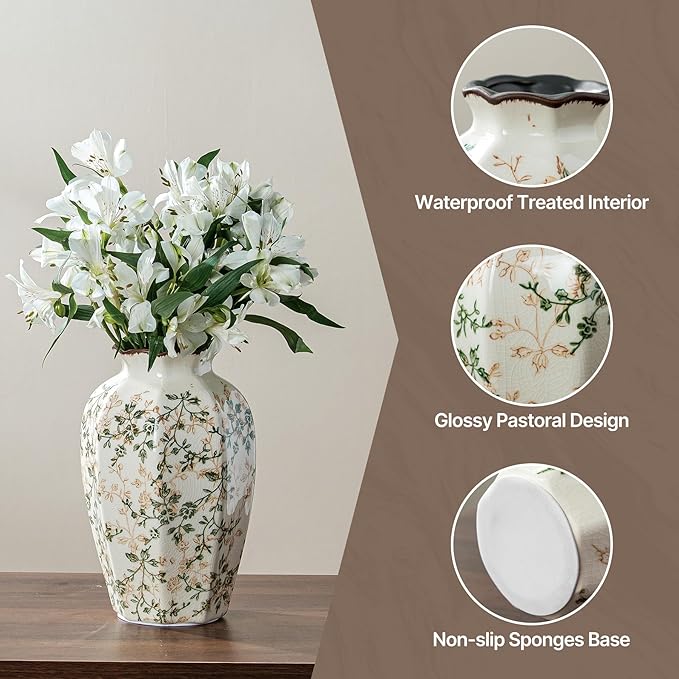 Vintage Pastoral Octagonal Vase, Green and Beige Retro Ceramic Flower Vase, Rustic Farmhouse Vases Chinoiserie Floral Large Vase for Home Decor, Living Room, Kitchen, Bedroom and Shelf 9.1 Inch