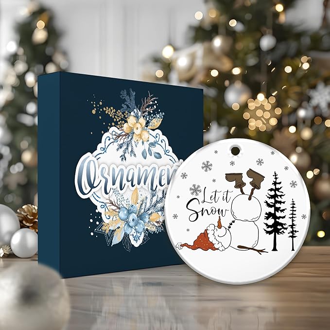 Funny Snowman Ornament 2025, Let It Snow Ornament – Gift for Family and Friends – Cute Fallen Snowman with Santa Hat and Boots – Humorous Holiday Decoration, Winter Tree Ceramic Gift