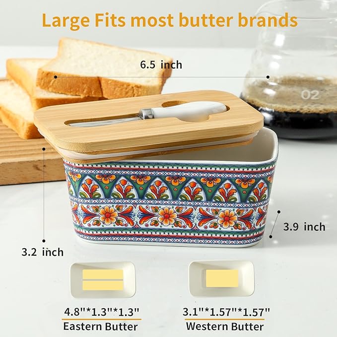 Hasense Ceramic Butter Dish with Lid,Butter Dish with Lid for Countertop,Airtight Covered Butter Keeper with Bamboo Lid and Knife,Butter Holder for Counter,Green Bloom