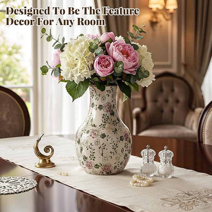 LemonRoad Vintage Ceramic Flower Vase 5.7 Inch Chinoiserie Ice Cracked Glaze Porcelain Vase Rustic Ceramic Large Centerpieces for Home Table Living Room Bookshelf Office(Plum Blossom Style)