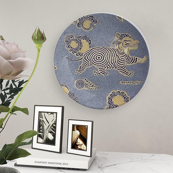 Blue Tibet Tiger China Plates of 6", 7", 9", 10", Customize Chinoiserie Animals Ceramic Ornaments Dessert Plates, Farmhouse Art Decoration Decorations Kitchen, with Vertical Stand