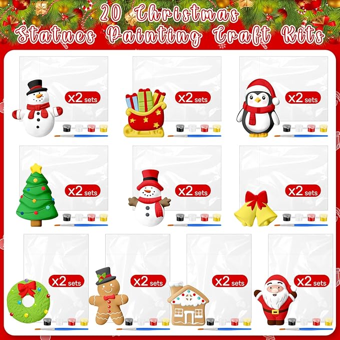 Simgoing 20 Set Christmas Ceramic Painting Kit DIY Ceramic to Paint Your Own Snowman Santa Xmas Tree Penguin Statues Ceramics Christmas Ornaments Crafts for Adults Xmas Party