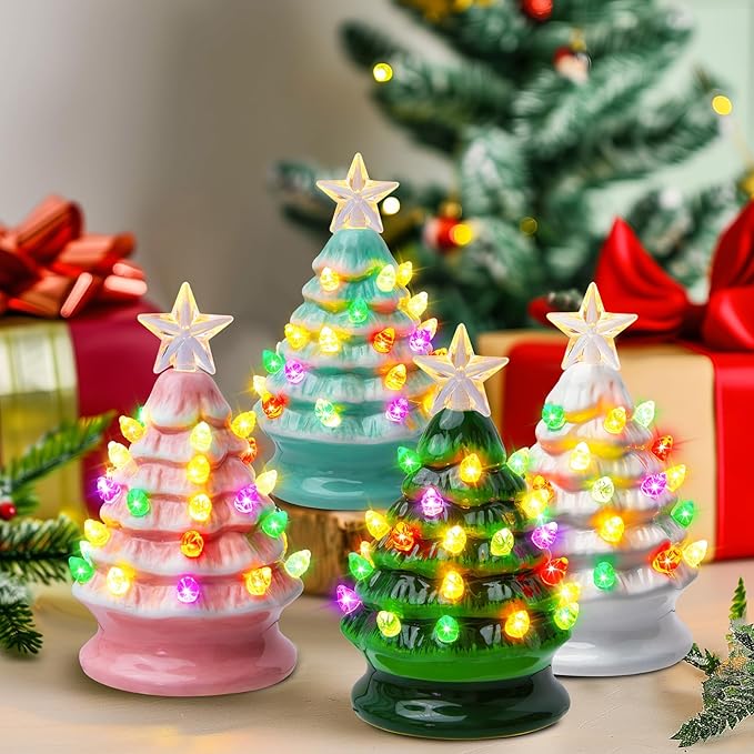 5 Inch Mini Ceramic Christmas Tree Set - 4 Pack Pre-lit Tabletop Christmas Tree with Multicolored LED Light, Battery Operated Small Lighted Tree for Home Table Holiday Decoration