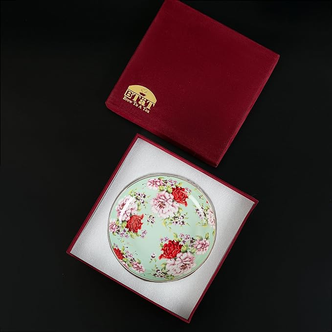 BTaT- Ceramic Floral Dessert Plates, Set of 6, 8 Inch, Assorted Colors with Golden Rim, Deep Porcelain Floral Plates with Gift Box, Dishwasher Safe
