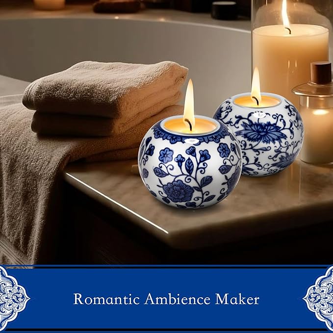 One Pair Classic Celadon Tealight Holder Set, Chinoiserie Blue and White Porcelain from Jingdezhen, Candle Holder for Housewarming Gifts and Home Decoration (W 3.54 in x H 2.76 in)