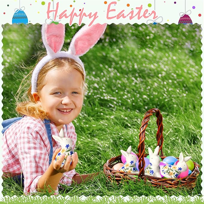 3 Pcs Ceramic Easter Bunny Decorations Spring Rabbits Hanging Ornaments Chinoiserie Blue and White Floral Bunny Figurines Centerpieces for Table Easter Tree Home Indoor Decor
