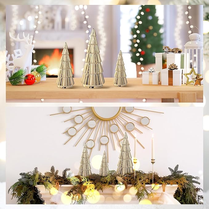 Wesiti 3 Pieces Gold Ceramic Christmas Tree Figurines Tabletop Small Decorative Xmas Tree Desktop 6.3" & 8.1" & 10.2" Tall Holiday Table Centerpieces for Office Home Mantle Shelf Cabinet Decor Indoor