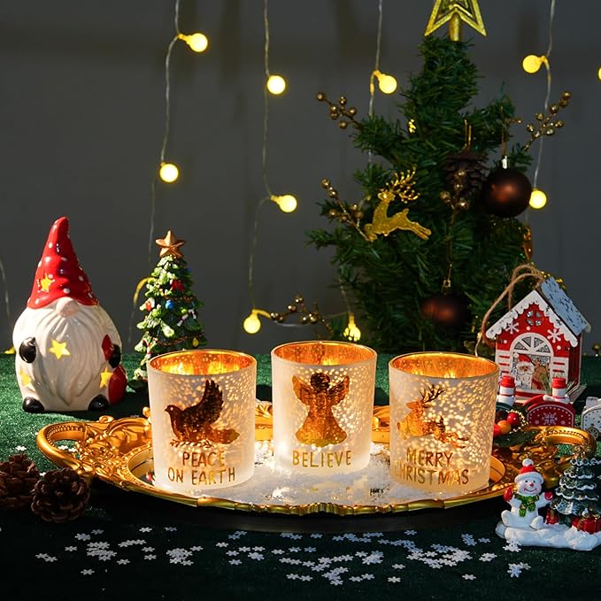 Rancco Votive Candle Holders, Christmas Gold Silver Glass Tea Light Candle Holder Set of 3 with Elk, Angel, Peace Dove, Candle Holder for Christmas Table Centerpieces, Birthday, Home Tea Party Decor