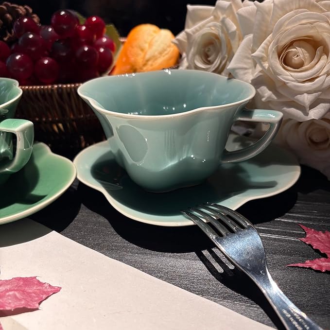 Ceramic Lotus Flower Cup and Saucer Set, Glazed Finish, Tea Cup with Matching Saucer, Green and Teal (Sky blue glaze)