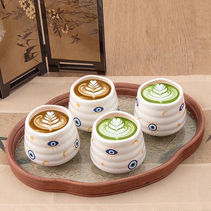 4pcs Japanese Tea Cup Set – 160ml 5.4OZ Ceramic Matcha Cup, Small Handless Espresso Cups, Cute Coffee Mugs for Valentine (Evil Eye)
