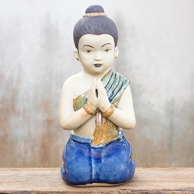 NOVICA Multicolor Ceramic Sculpture, 9.75" Tall 'Thai Sawasdee Girl'