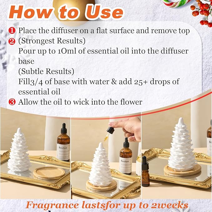 Honeydak Christmas Passive Essential Oil Diffuser Gifts, Christmas Tree Ceramic Diffuser with Wooden Tray for Home Bedroom Bathroom Office Holiday Xmas Decorations