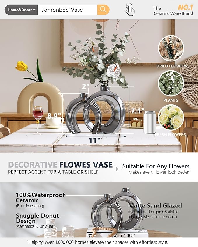 Set of 2 Silver Ceramic Vases for Home Decor Accents - Unique Hollow Donut Artistic Design Modern Contemporary Glam Style Decorative Vases for Shelf, Mantel, Entryway Table Decor (Matte Silver)