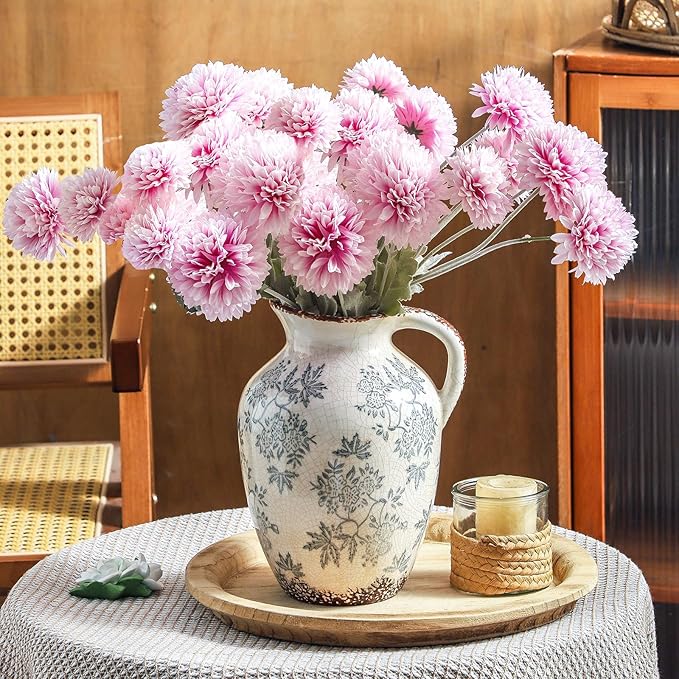 Enra Vintage vase with Handle,Blue and White Ceramic Decorative Flower vase, Vintage Pitcher,Large Rustic Vases for Home Decors, Living Room, Bookshelf, Office，9.7 inch