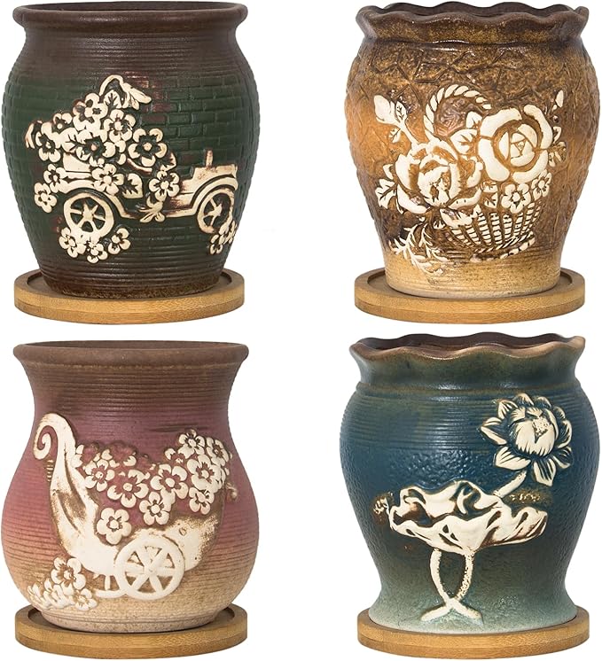 ARTKETTY 4 Inch Ceramic Plant Pots with Drainage Hole Set of 4, Vintage Flower Pots with Bamboo Trays Small Planters for Indoor Cactus, Herbs and Succulent Plants Decorative Garden Home