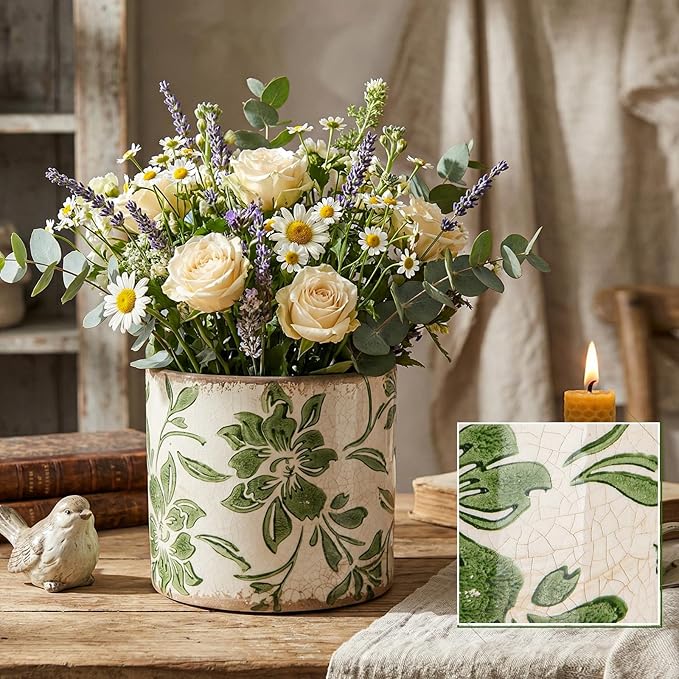 Indoor Ceramic Plant Pots with Drainage Hole 5 Inch Chinese Glaze Ice Crack Flower Pot Vintage Succulent Pots Porcelain Decorative Planter for Plants Herb Home Decor(Green,Leaves Style)
