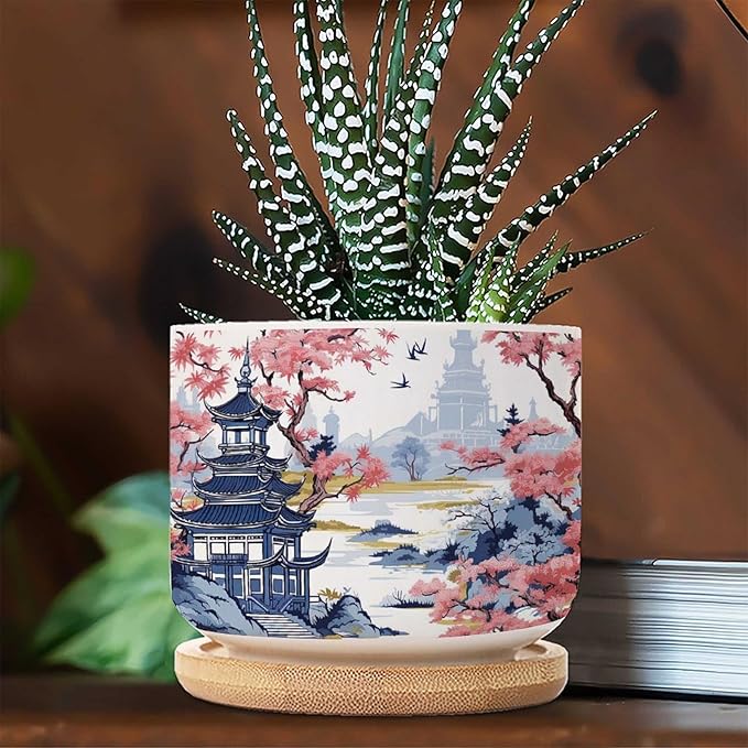 5 Piece Blue Asia Tiered Tower Coral Pink Flower Small Succulents Pots Chinoiserie Asian Flower Pot Planter with Drainage Holes Chinoiserie Garden Scenery Ceramics Planter