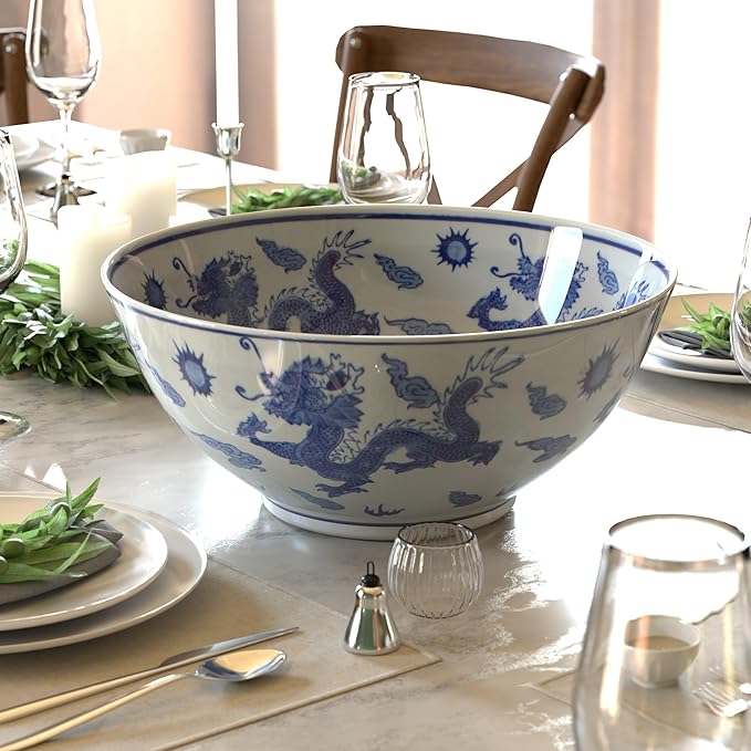 Red Lantern 14" Dragon Blue & White Porcelain Bowl Vase for Centerpiece in Kitchen Dining Living Room Bedroom with Boho Eclectic Modern Contemporary Classic Traditional Style Decor