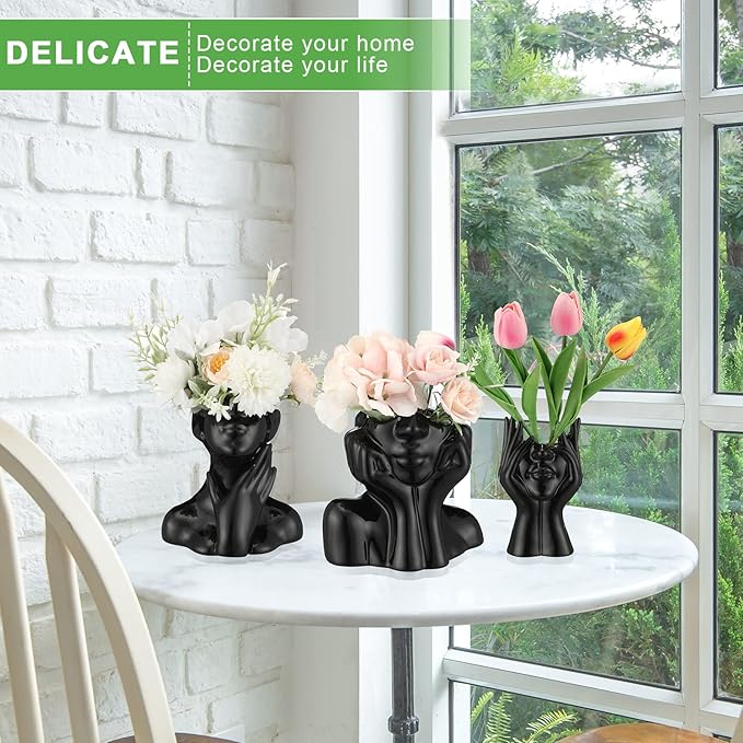 Sieral 3 Pcs Ceramic Face Vase Female Form Flower Modern Body Vase for Decor with Head Half Body Bust Centerpiece for Table Shelf Home Bedroom Room Office(Small,Black)