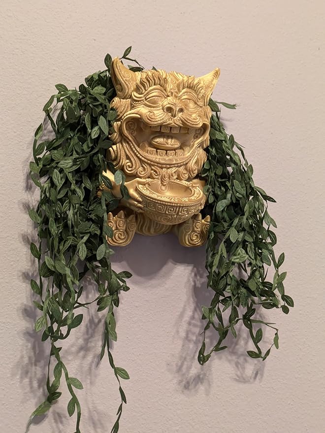 Wall Planter – Chinese Foo Lion Guardian Flower Pot, Hanging Dragon Dog Planter for Indoor & Outdoor Garden Decor, Unique Wall Art for Plants & Succulents (Gold, Larger 8" Height)