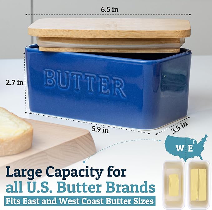PriorityChef Extra Large Butter Dish with Lid for Countertop, Ceramic Butter Container With Airtight Cover, Butter Keeper for Counter or Fridge, Butter Holder Storage, Dark Blue