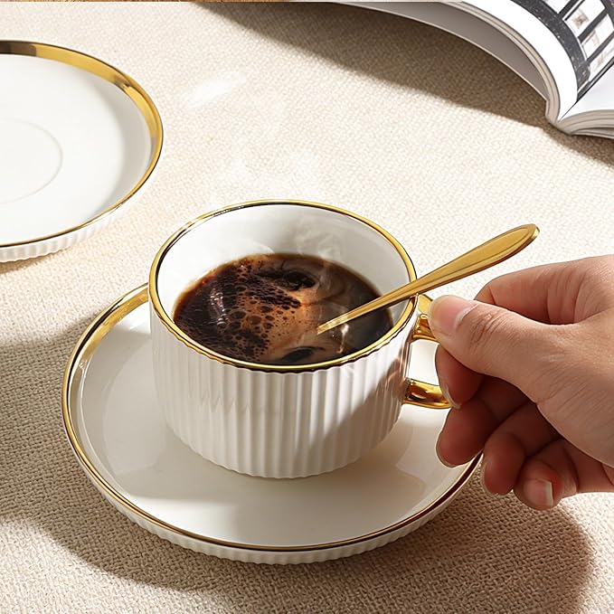 Cappuccino Cups Set of 4, 7oz Espresso Cups Set with Saucers and Spoons, Gold Trim Ceramic Coffee Tea Cups for Latte, Mocha, Au Lait, Dishwasher & Microwave Safe, Art Deco (Gold Striped/200ml)