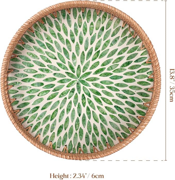 YANGQIHOME Round Serving Tray with Decorative Mother of Pearl Inlay, Woven Rattan Tray for Home Decor, Table Decor, Gifts, Dining, Food, Fruit, Coffee, 13.8 inch