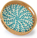 YANGQIHOME Round Rattan Tray with Handle, Mother of Pearl Inlay Decorative Wicker Basket for Coffee, Bread, Fruits, Serving Tray for Home Decor, Blue Clover