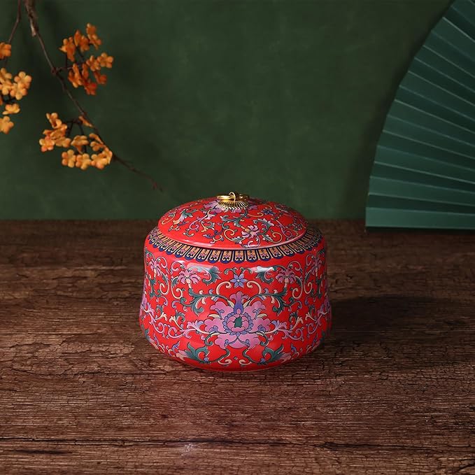 Handmade Chinoiserie Enamel Ginger Jar with Lid,Decorative Storage Jar for Loose Tea,Nuts & Snacks,Ceramic Vase Style Home Decor Canister,Colorful Jar for Kitchen,Living Room (Red Jar)