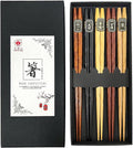 Wooden Chopsticks Reusable 5 Pairs Gift Set Hand Carved Japanese style Multi-color 8.8 Inch/22.5cm