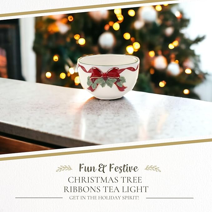 Spode Christmas Tree Ribbons Tea Light Candle Holder, 22K Gold Accents on Fine Earthenware, 3.75" Votive Candle Holder & Festive Holiday Decor - Ideal for Christmas Table Centerpieces