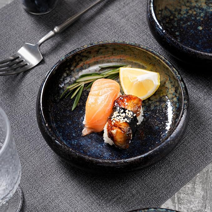 Uaral Japanese Salad Plate,Blue Plates and Bowls Set,Stoneware Plate Set,Appetizer Plates Set of 4,5.5inch,14oz(Nebula Blue)